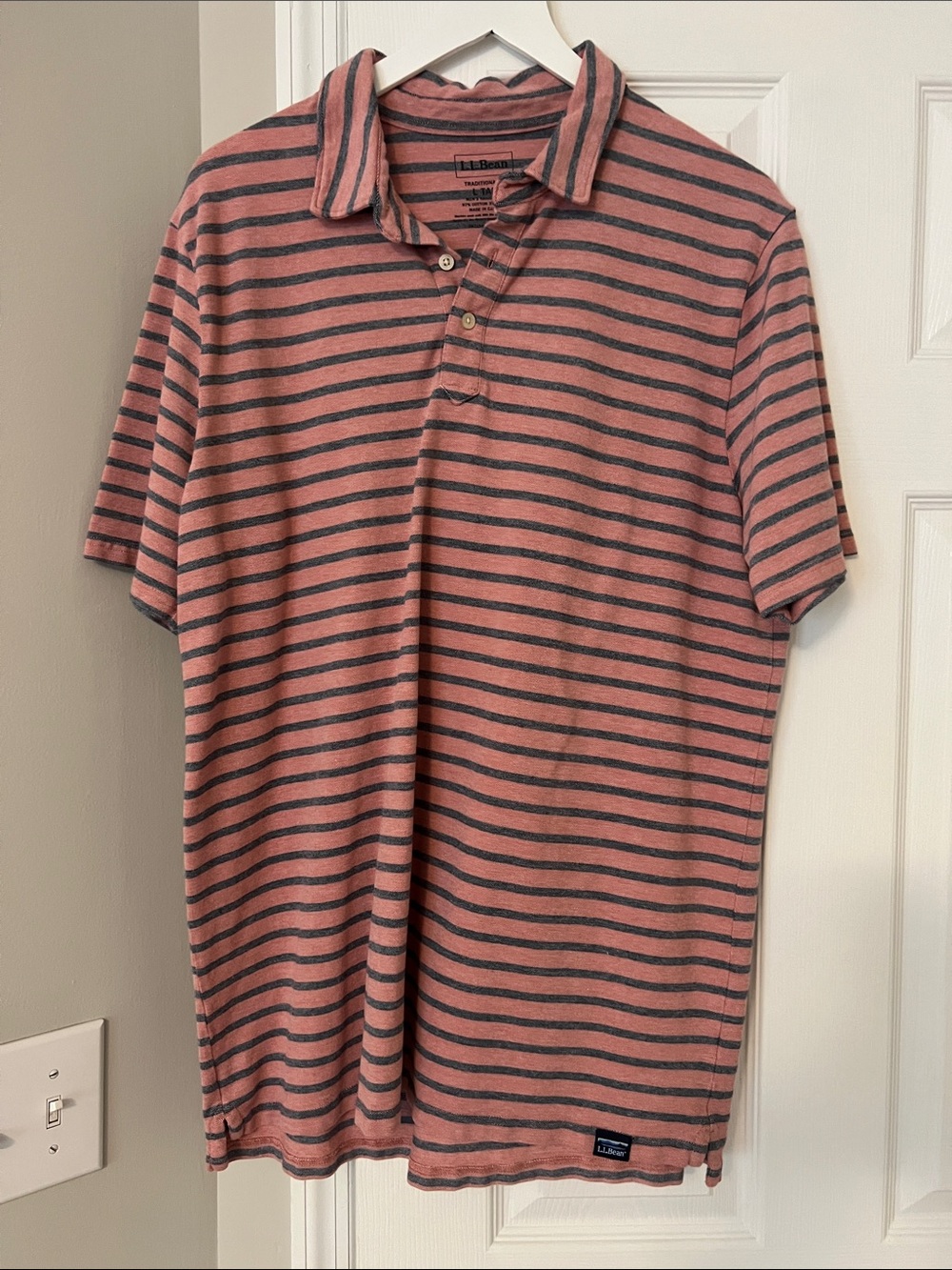 L.L. Bean Coral and Gray Striped Short-Sleeve Polo